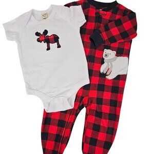 Babies 18M Red Plaid Footless Sleeper‎ Moose Romper Outfit Set Cabincore Check